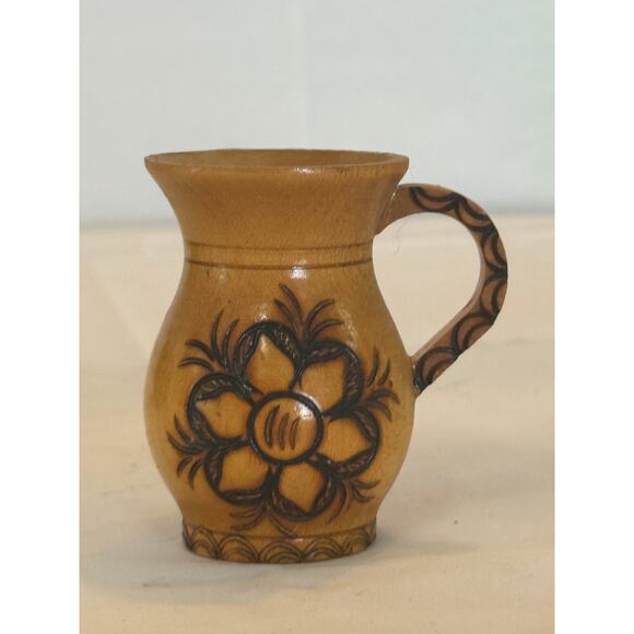 Folk Art Wooden Miniature Pitcher – Hand Carved Wood – 7cm Tall - Picture 1 of 5
